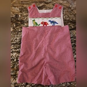 Smocked Dinosaur Red Gingham Kids One-Piece